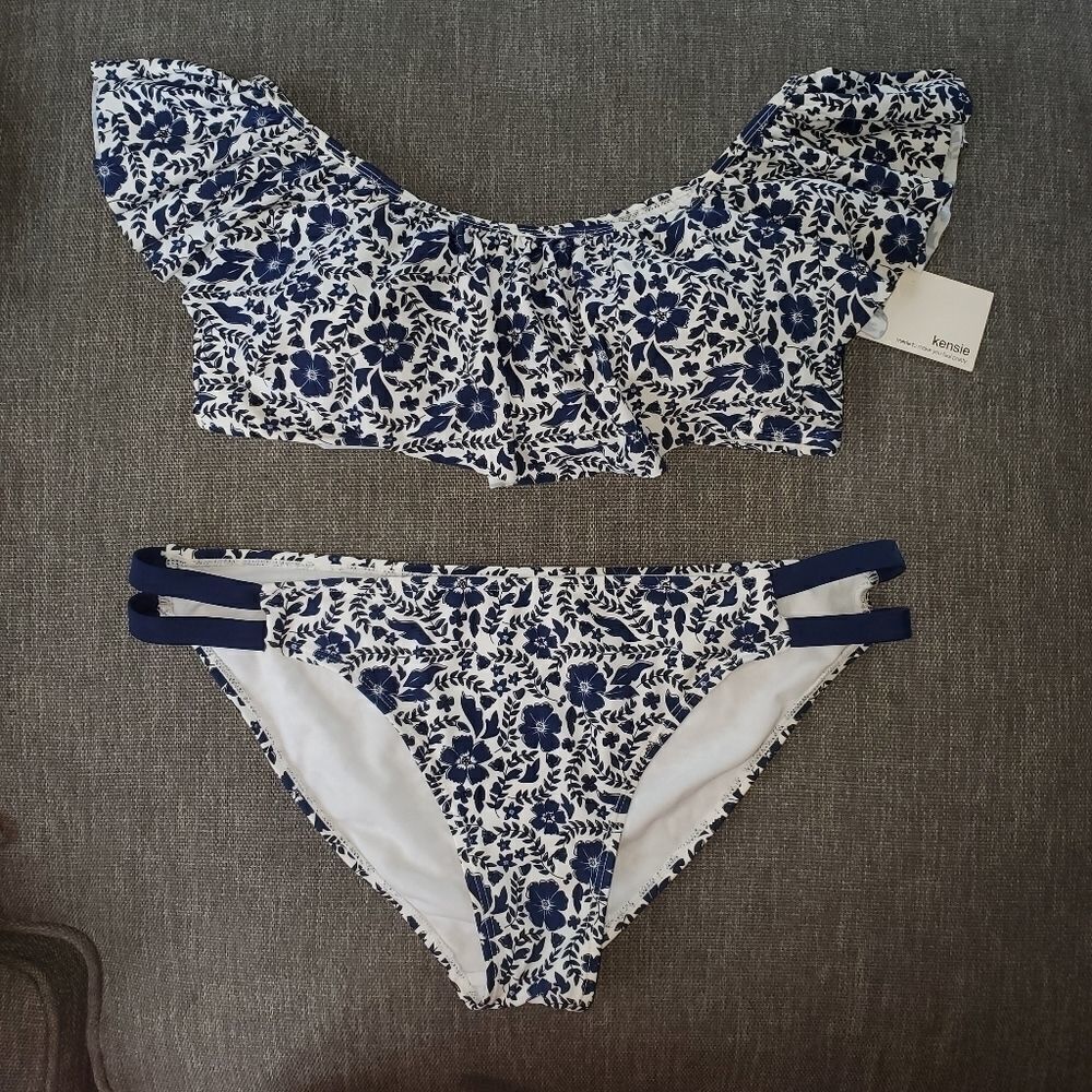 Kensie navy floral ruffle off the shoulder XL swim